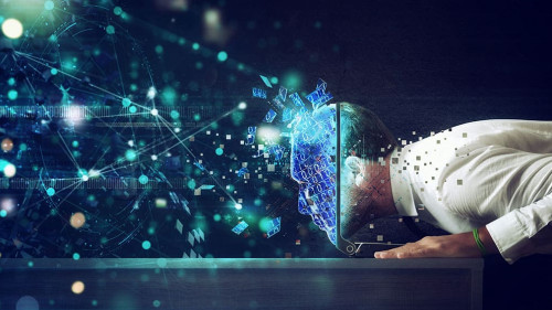 Businessman with his head inside a cyberspace through the laptop. Internet connection and addiction concept