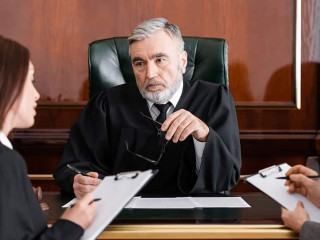 senior judge holding eyeglasses near attorney and prosecutor writing on clipboards