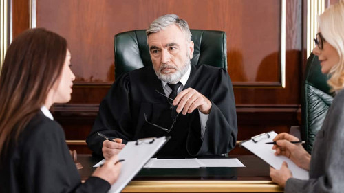 senior judge holding eyeglasses near attorney and prosecutor writing on clipboards