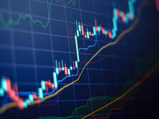Closeup financial chart with uptrend line candlestick graph in s