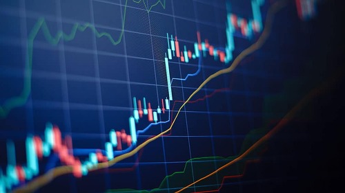 Closeup financial chart with uptrend line candlestick graph in s
