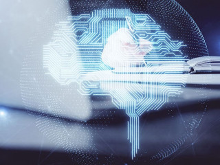 Brain multi exposure icon with man hands background.