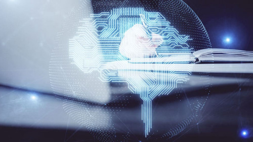 Brain multi exposure icon with man hands background.