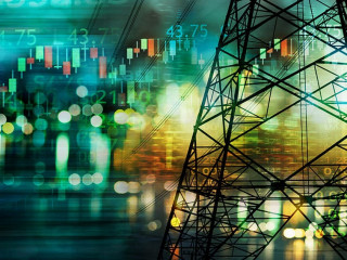 market stock graph and information with city light and electrici