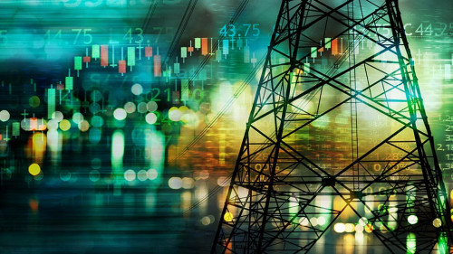 market stock graph and information with city light and electrici