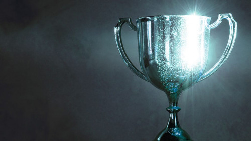 champion golden trophy placed on wooden table