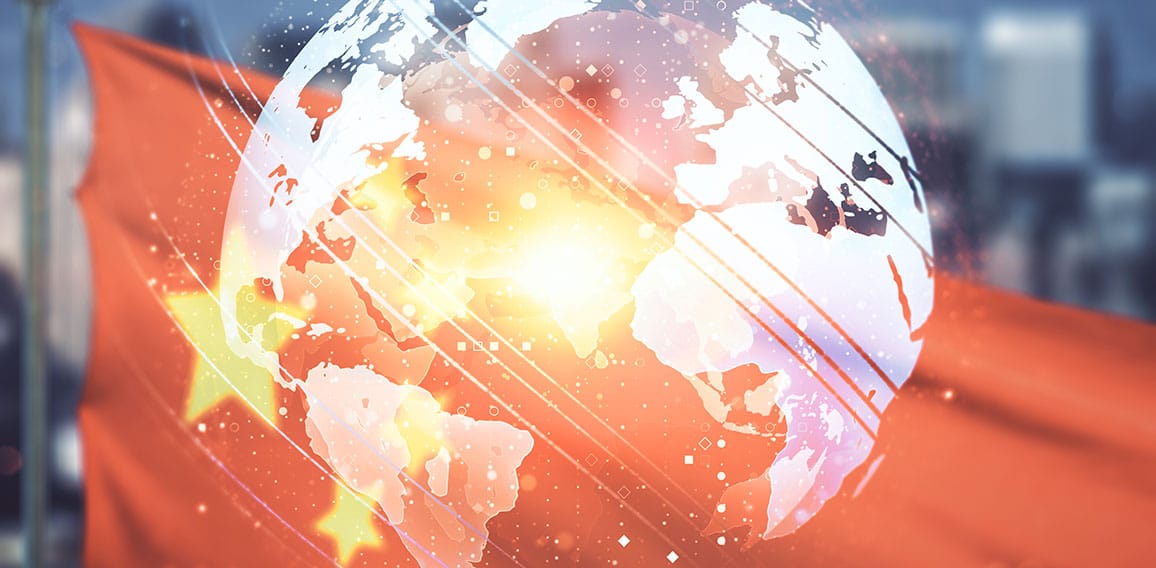 Double exposure of abstract digital world map hologram on Chinese flag and city background, big data and blockchain concept