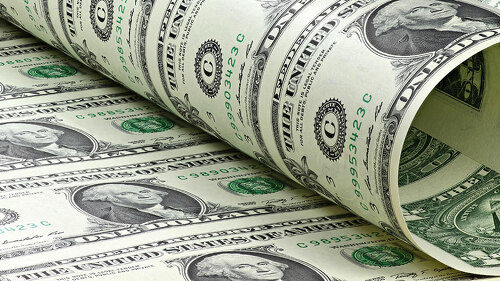 ungeschnittener Bogen mit 1 US Dollar Banknoten