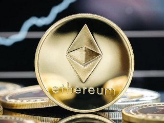 Ethereum cryptocurrency, physical coin close-up in front of a pr