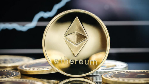 Ethereum cryptocurrency, physical coin close-up in front of a pr
