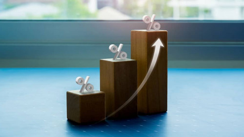 Shining rise up arrow on wooden cube blocks, bar graph chart ste