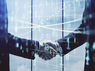 Double exposure of data theme hologram and handshake of two men. Partnership in IT industry concept.