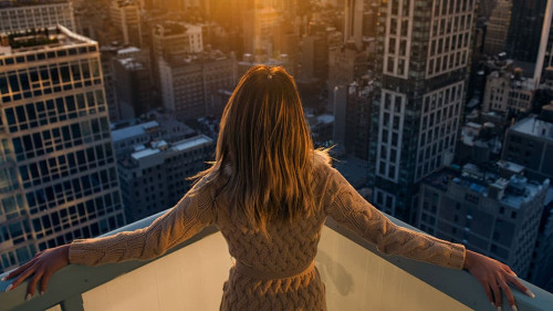 Rich woman enjoy the sunset standing on the balcony at luxury ap