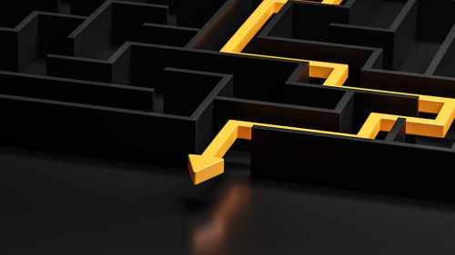3d rendering: Concept - solving a complex problem. Black maze and floor with yellow solution path with arrow. Low key image.