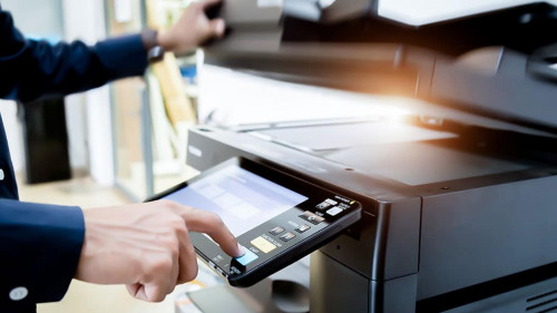 Bussiness man Hand press button on panel of printer, printer sca