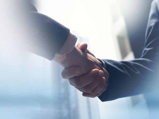 Businessmen making handshake with partner, greeting, dealing, me