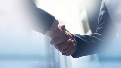 Businessmen making handshake with partner, greeting, dealing, me