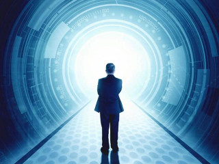 Rear view of businessman standing in front of a futuristic tunne