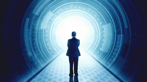 Rear view of businessman standing in front of a futuristic tunne