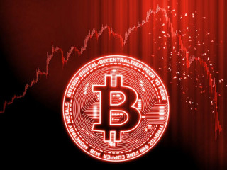 Crypto currencies market goes down concept. Glowing Bitcoin (BT