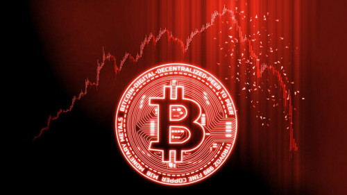Crypto currencies market goes down concept. Glowing Bitcoin (BT