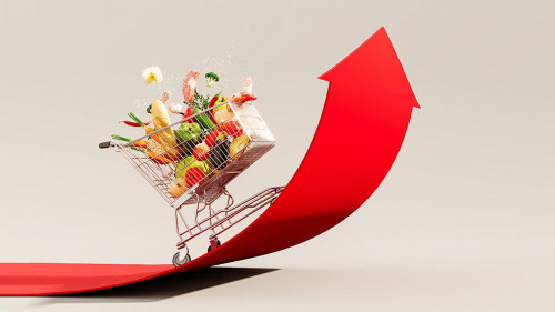 Food cost rising concept. Shopping cart full of groceries and re
