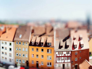 Panoramic cityscape of Nuremberg, Bavaria, Germany. Miniature tilt shift lens effect.
