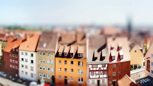 Panoramic cityscape of Nuremberg, Bavaria, Germany. Miniature tilt shift lens effect.