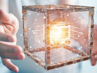 Businessman using futuristic cube textured object 3D rendering