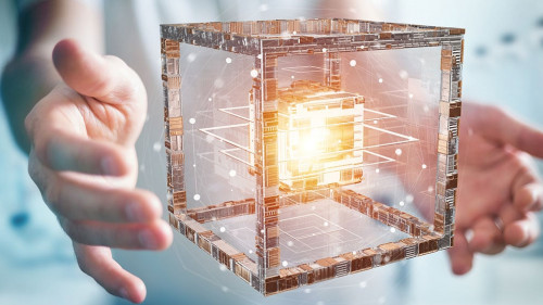 Businessman using futuristic cube textured object 3D rendering