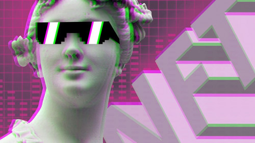 Modern business art NFT non-fungible token with a portrait of a statue wearing glasses