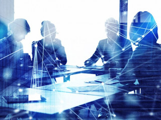 Silhouette of business people work together in office. Concept of teamwork and partnership. double exposure with network effects