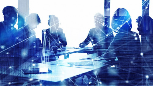 Silhouette of business people work together in office. Concept of teamwork and partnership. double exposure with network effects