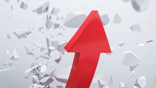 Red arrow breaks the gray concrete floor.