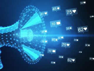 Digital polygonal megaphone with socila media icons.