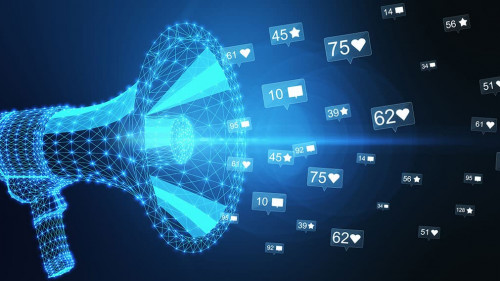 Digital polygonal megaphone with socila media icons.
