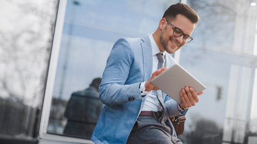 Cheerful executive on pause