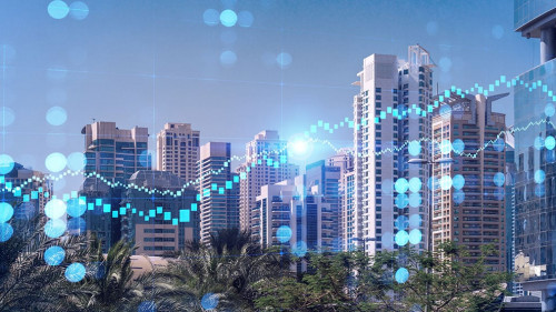 Panoramic view of steel and glass skyscrapers of Dubai Marina. Modern cityscape of the capital of the UAE. Financial services hub. FOREX graph and chart concept. Double exposure.