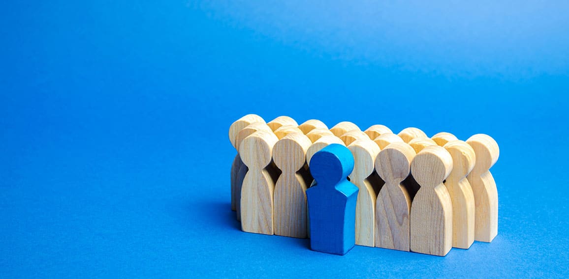 A team of workers on a blue background. The concept of personnel selection and management within the team. Dismissal and hiring people to work. Human Resource Management. Headhunting. Talented worker