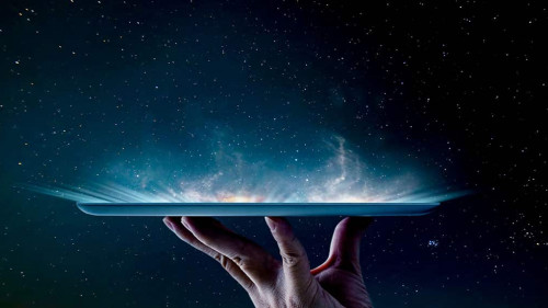 Waiter hand holding an empty digital tablet smoke effect .