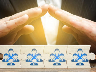 A businessman provides support and insurance for a team of employees. The leader protects the group. Customer and employee care. Patron, community sponsorship and funding.