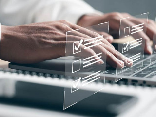 Survey form concept. Questionnaire with checkboxes, filling survey form online, answer questions of test. Education futuristic technology and learning concept.