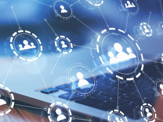 Social network concept with digital application media icons connected by lines on opened laptop background