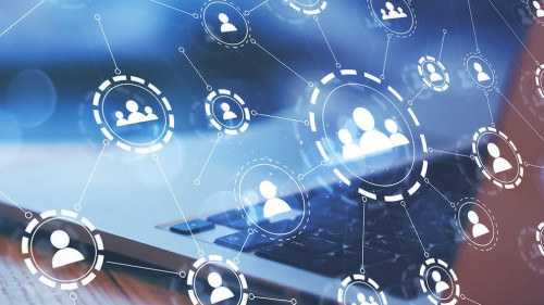 Social network concept with digital application media icons connected by lines on opened laptop background