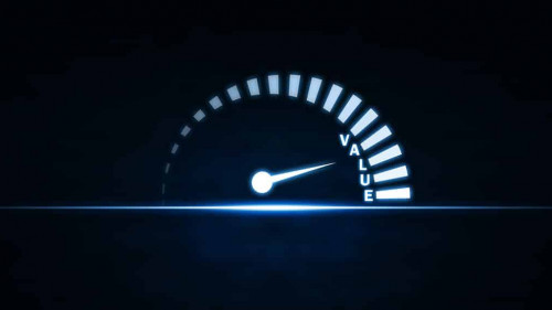 Speedometer with value word on blue light. Business concept