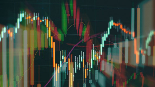 Technical price graph and indicator, red and green candlestick chart on blue theme screen, market volatility, up and down trend. Stock trading, crypto currency background.