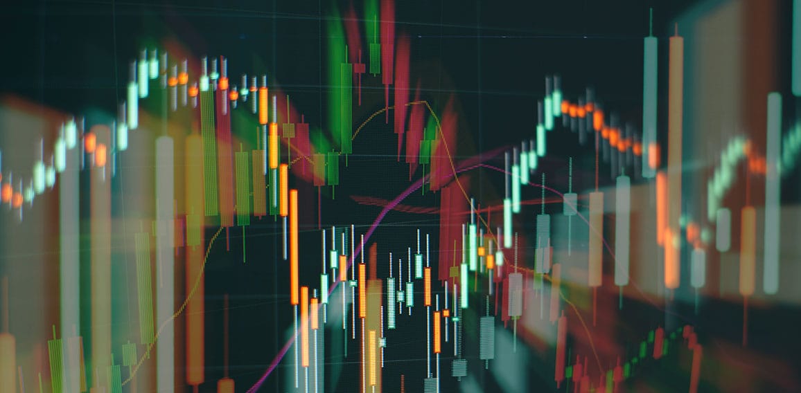 Technical price graph and indicator, red and green candlestick chart on blue theme screen, market volatility, up and down trend. Stock trading, crypto currency background.