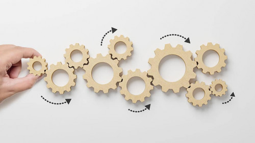 Business process and workflow automation with flowchart. Hand holding wooden cog flowing process management on white background