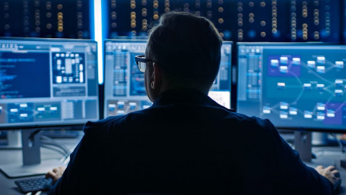 Professional IT Programer Working in Data Center on Desktop Comp