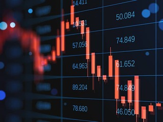Abstract falling candlestick forex chart on blurry dark index grid background. Finance and crisis concept. 3D Rendering.